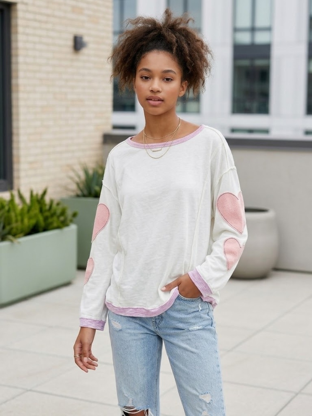 Free People You’re A Star Oversized Heart Patch Slouchy Long Sleeve Top, size L